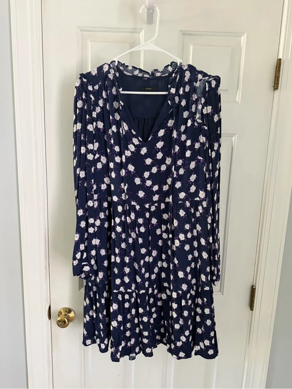 J. Crew Navy Floral V‑Neck Long Sleeve Tiered Dress